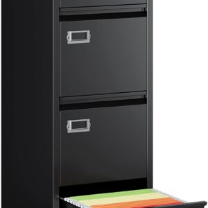 MIIIKO 4 Drawer File Cabinet with Lock, Metal File Cabinets for Home Office,Vertical Filing Cabinets Office Storage Cabinet for Letter,Legal,A4,File Folders(Black)
