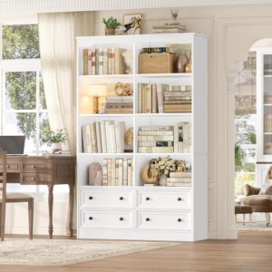 FINETONES 71" Tall Bookshelf with 4 Drawers White Bookshelf Office Bookcase