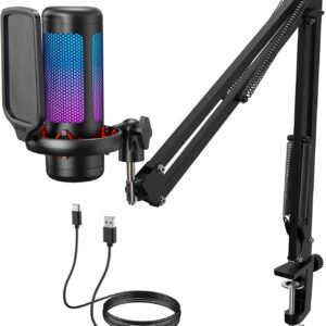 TONOR Gaming Microphone Set with Boom Arm, Vocal Condenser Microphone for Content Creators, USB Mic for PC with Stand, RGB, Tap Mute, Gain Control, Gaming Equipemnt, Twitch, Streaming, TC310+